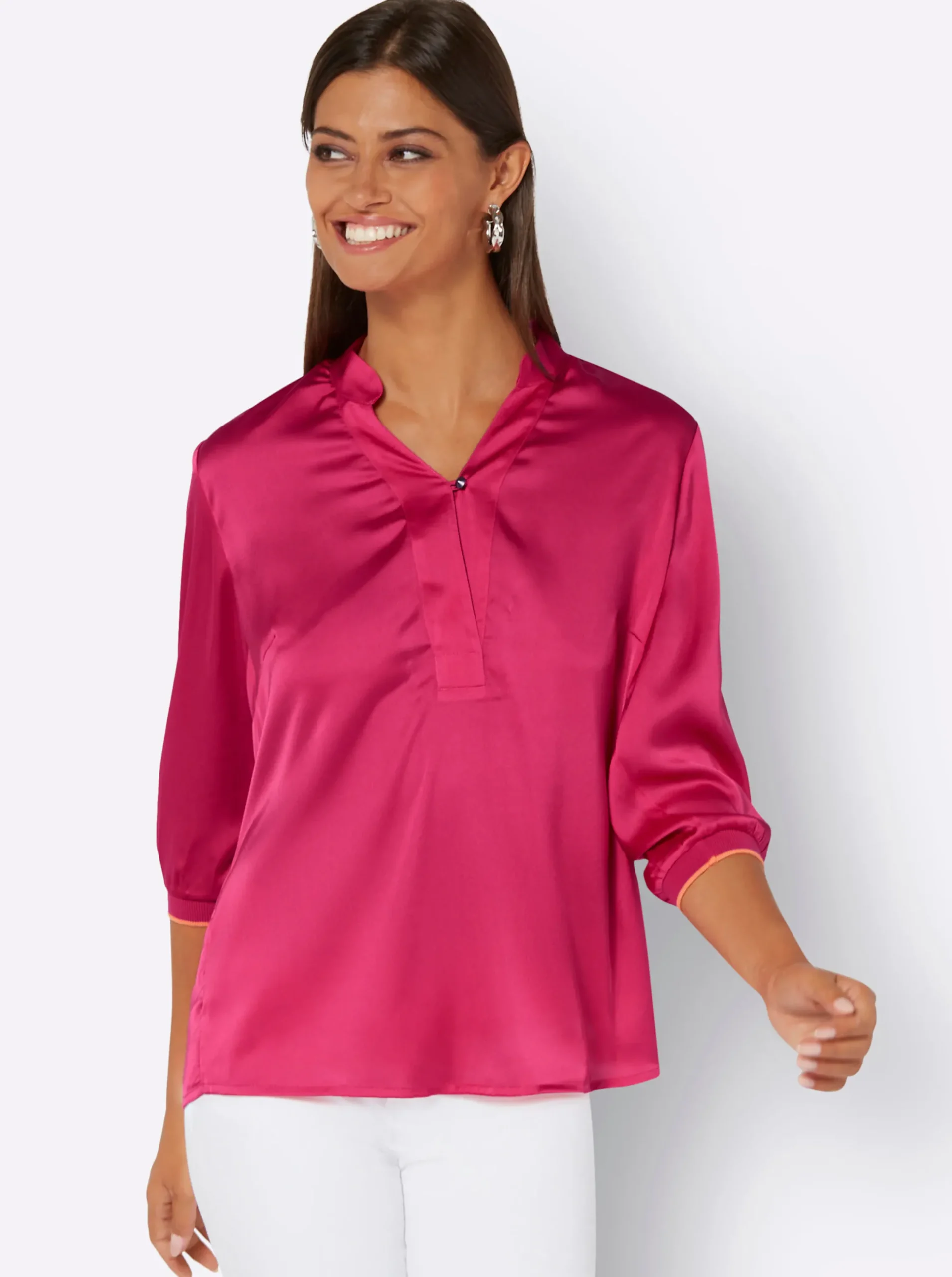 Blusen| Bluse mit Stehkragen pink
