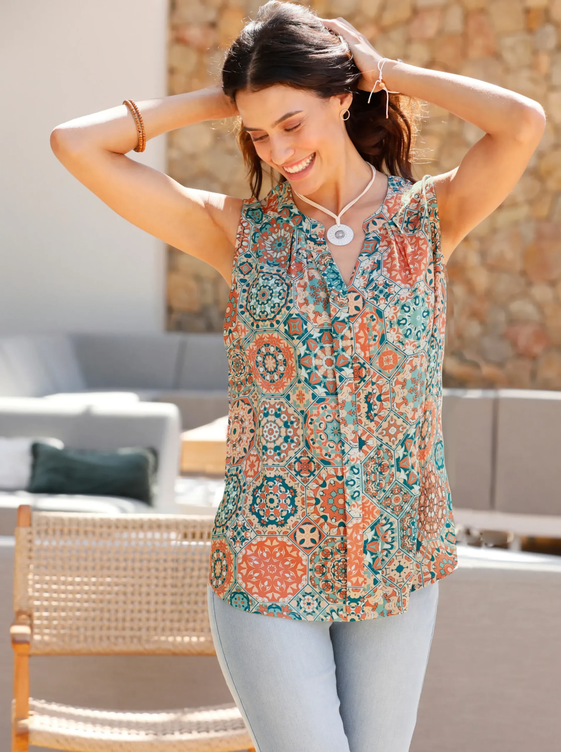 Blusen| Blusentop apricot-salbei-bedruckt