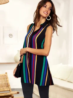 Blusen|Shirts| Blusentop schwarz-smaragd-gestreift