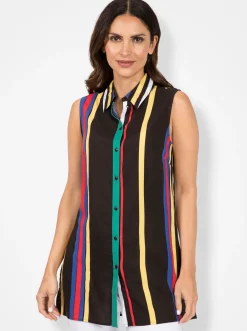 Blusen|Shirts| Blusentop schwarz-smaragd-gestreift