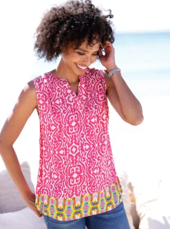 Blusen|heine Blusentop mit Raffung an der Schulter fuchsia-elfenbein-bedruckt