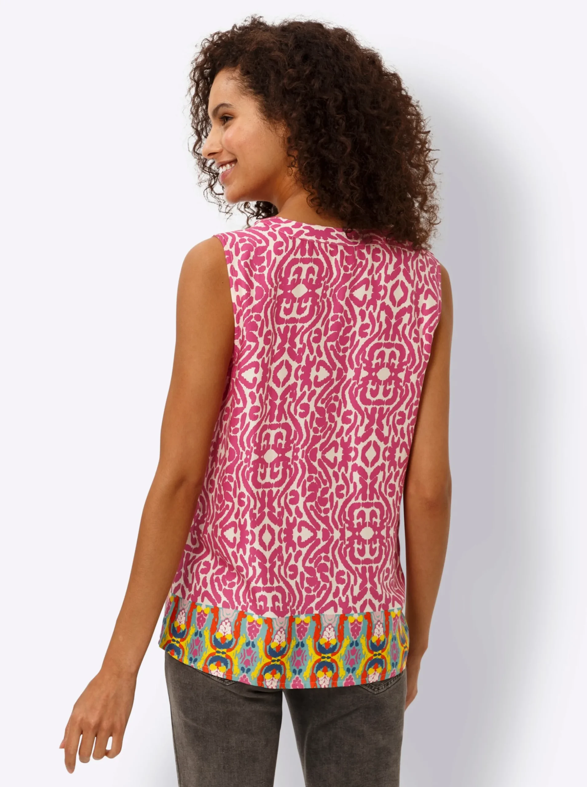 Blusen|heine Blusentop mit Raffung an der Schulter fuchsia-elfenbein-bedruckt