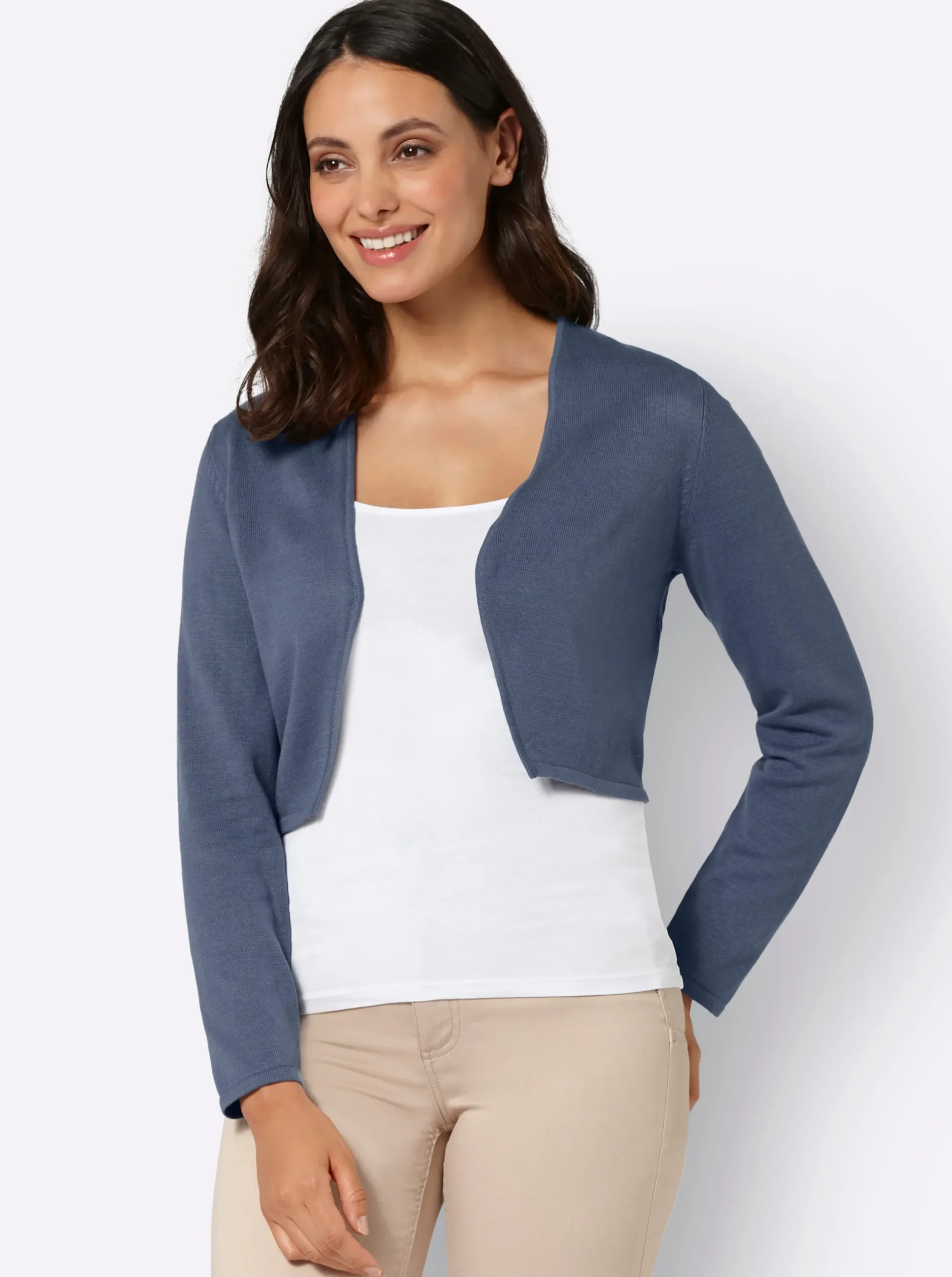 Jacken|Strickjacken| Bolero Feinstrick-Qualität, verschlusslos rauchblau