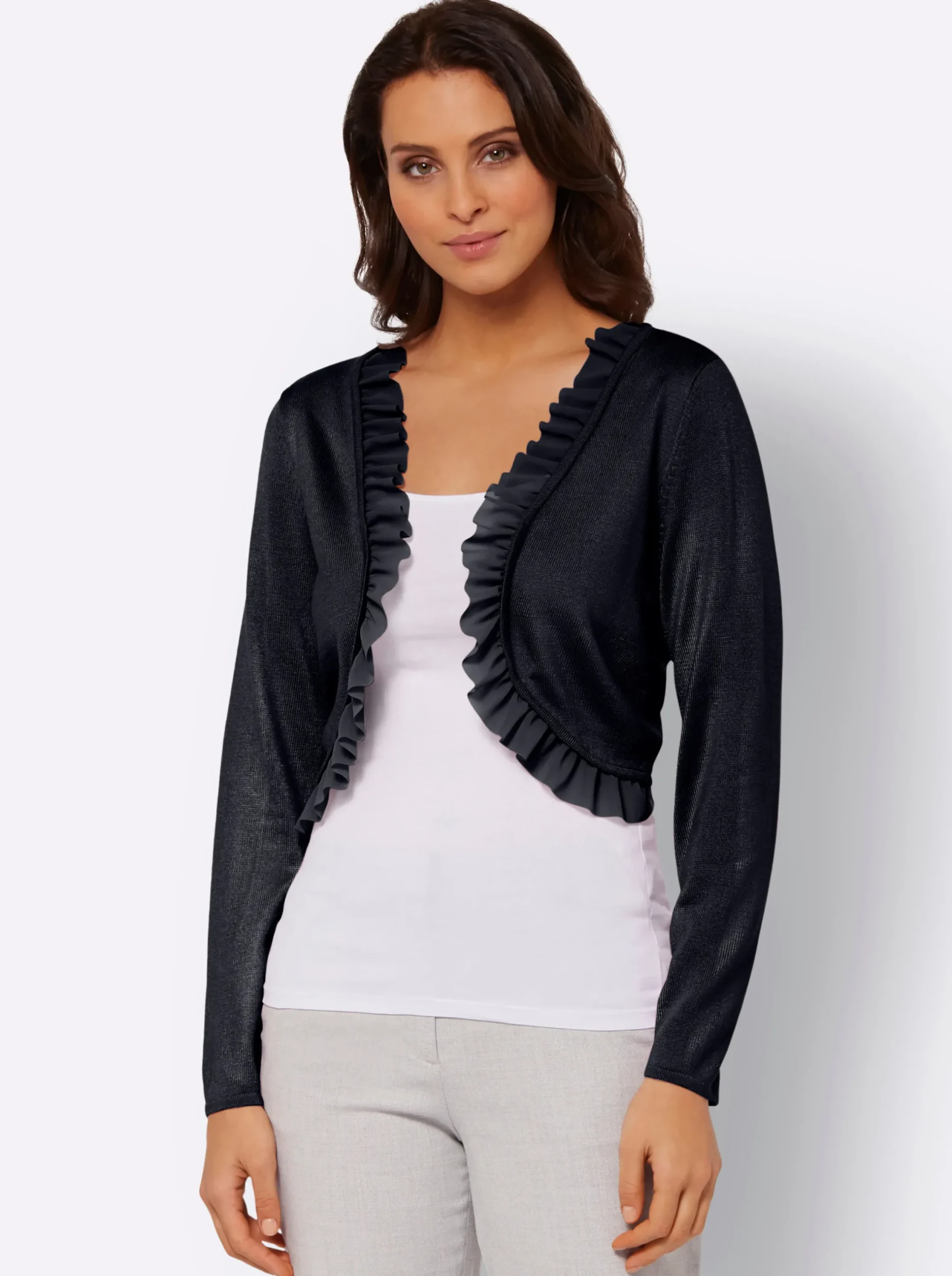 Jacken|Strickjacken| Bolero mit Chiffon-Volants marine