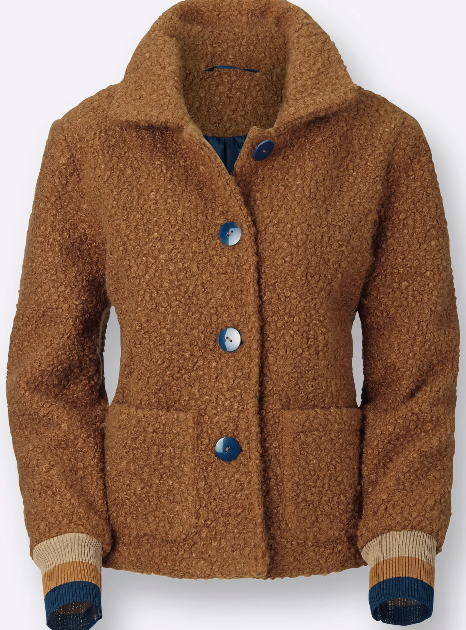 Jacken| Boucléjacke mit gestreiften Ärmel-Bündchen cognac
