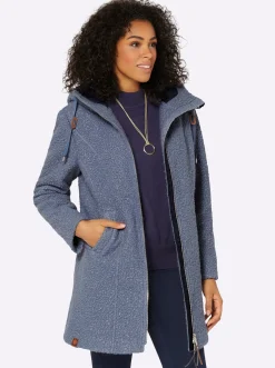 Jacken| Boucléjacke mit Lederimitat-Details taubenblau