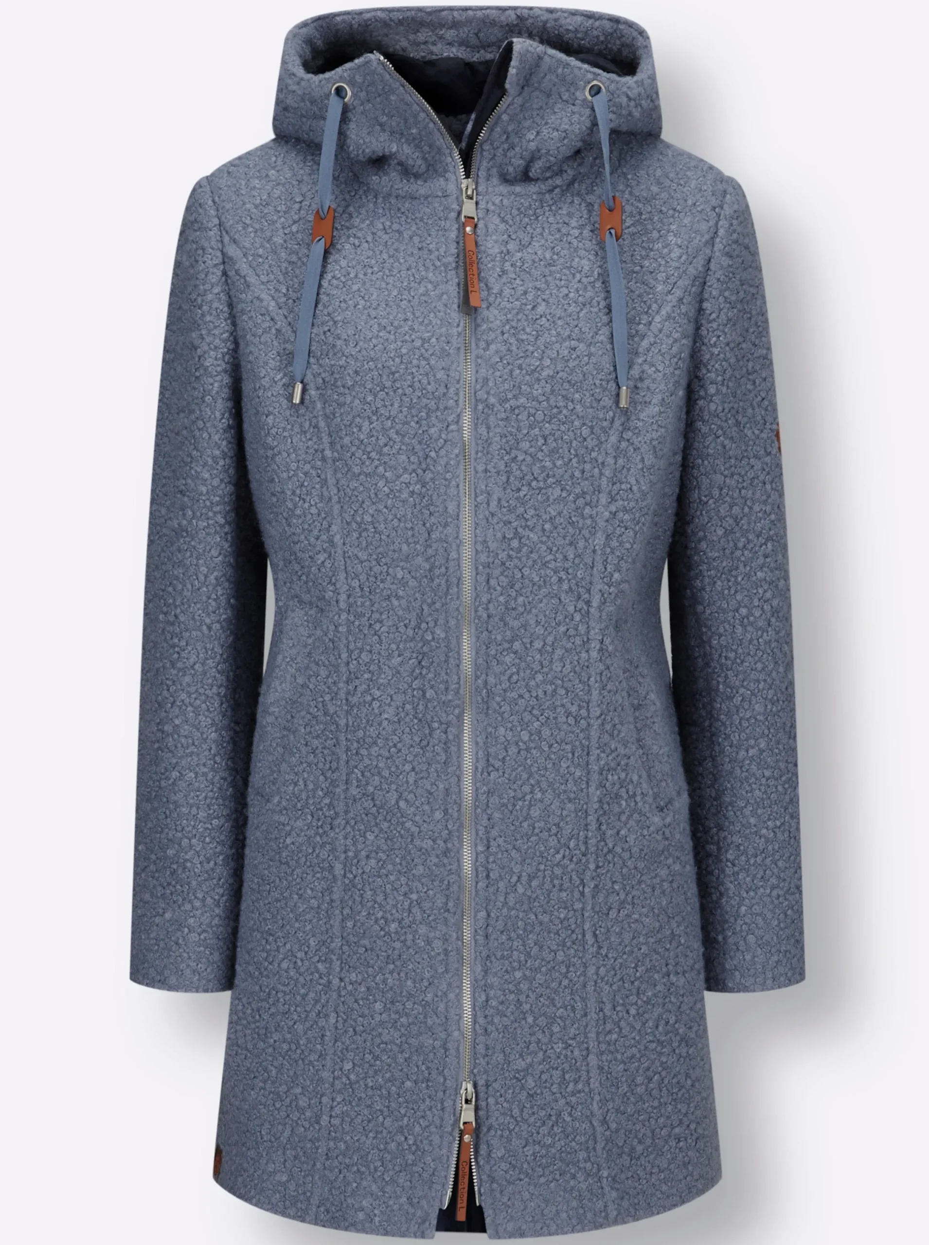 Jacken| Boucléjacke mit Lederimitat-Details taubenblau