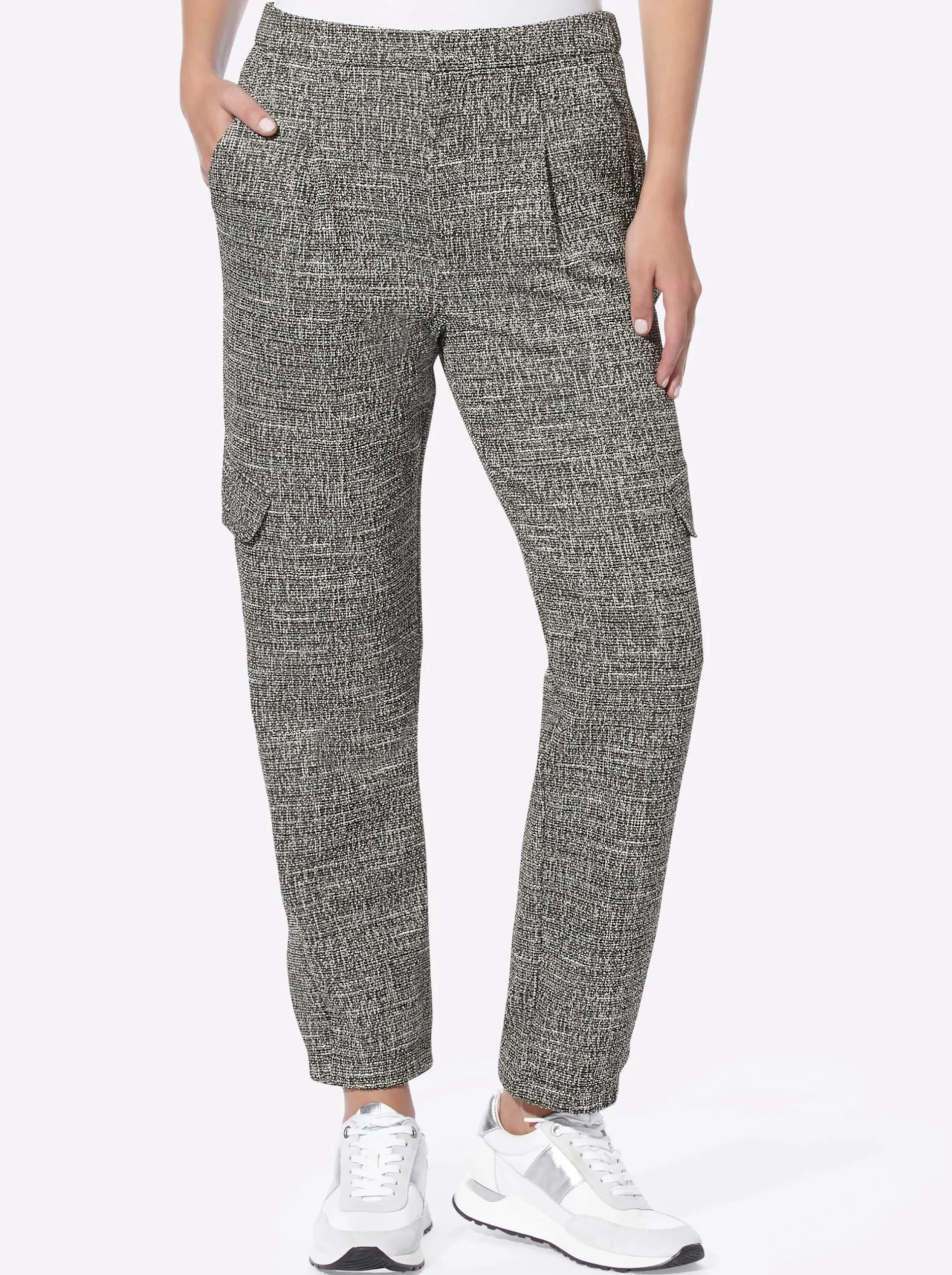 Hosen|heine Bundfaltenhose schwarz-ecru-gemustert