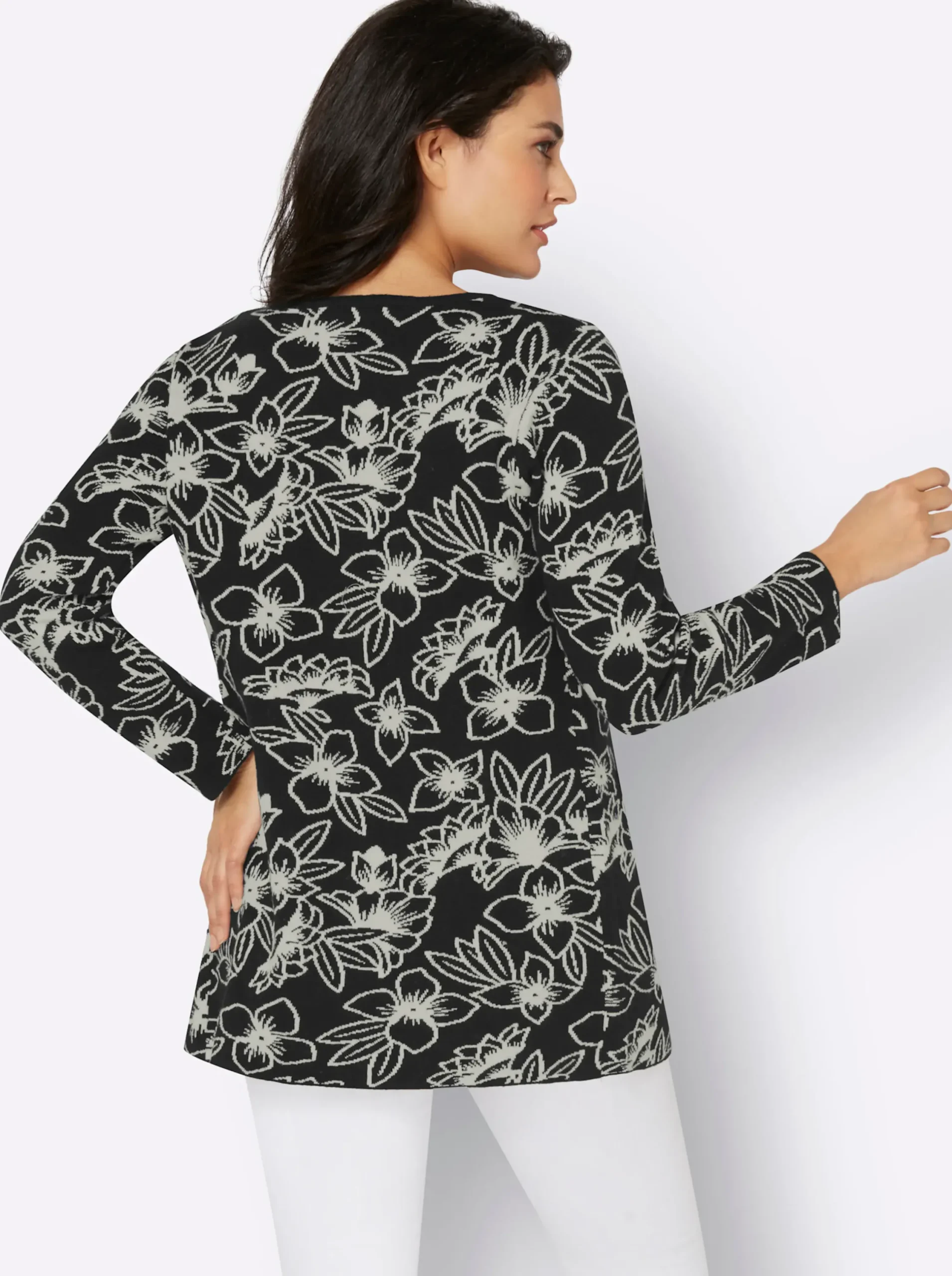 Strickjacken| Cardigan mit Blüten-Jacquard-Muster schwarz-champagner-gemustert