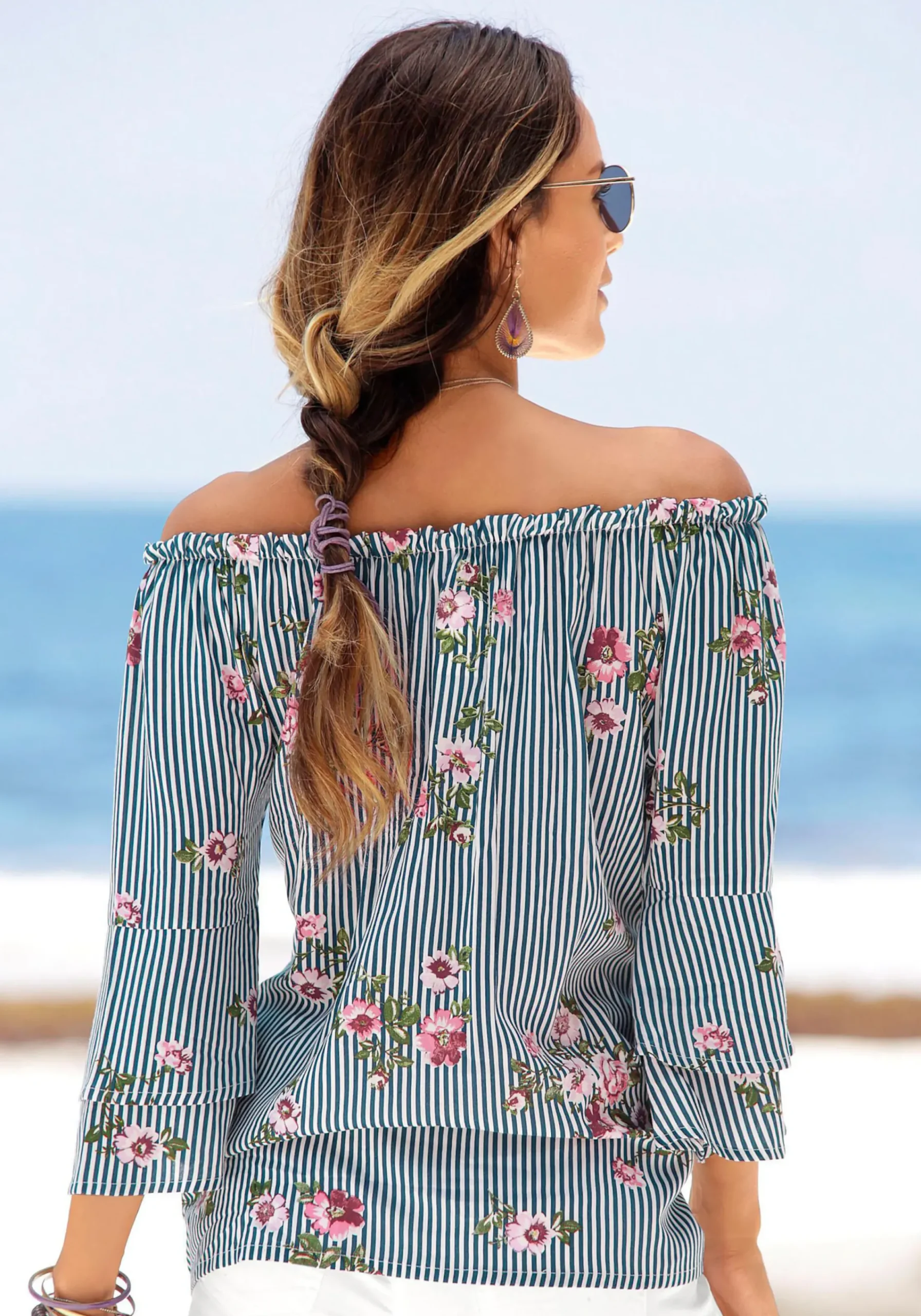 Strandmode|Blusen|LASCANA Carmenbluse marine-weiß-gestreift