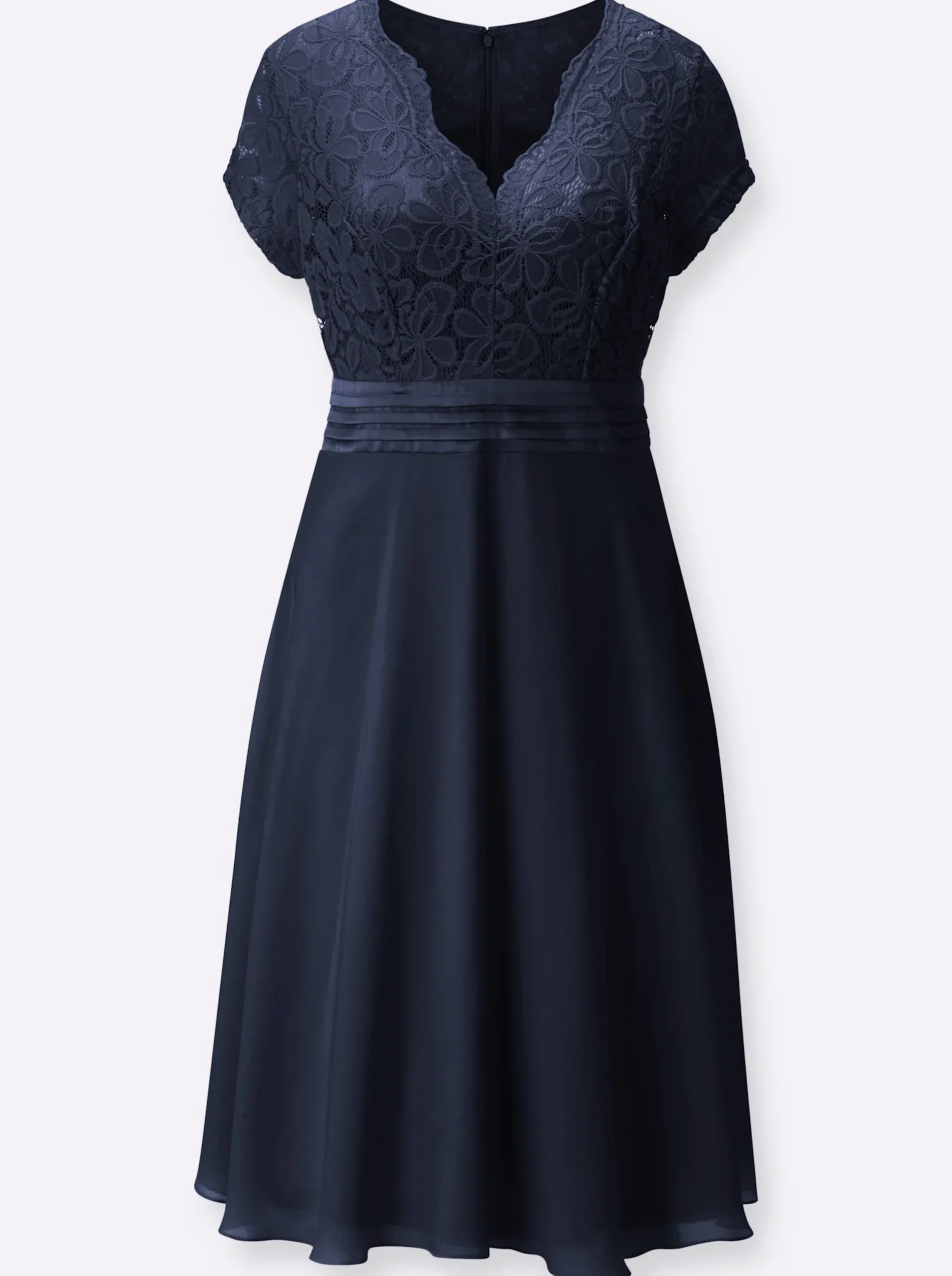 Kleider| Cocktailkleid mit kunstvollem Spitzeneinsatz marine