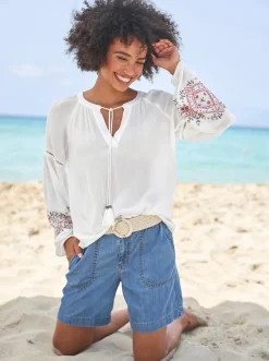 Blusen|heine Crinklebluse mit Bindebändern ecru