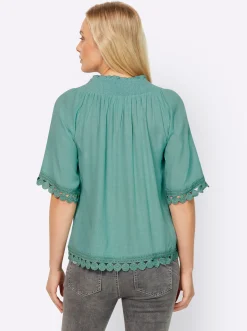 Strandmode|Blusen|heine Crinklebluse mit Spitzenbesatz salbei