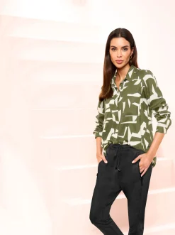 Blusen|heine Druckbluse oliv-champagner-gemustert