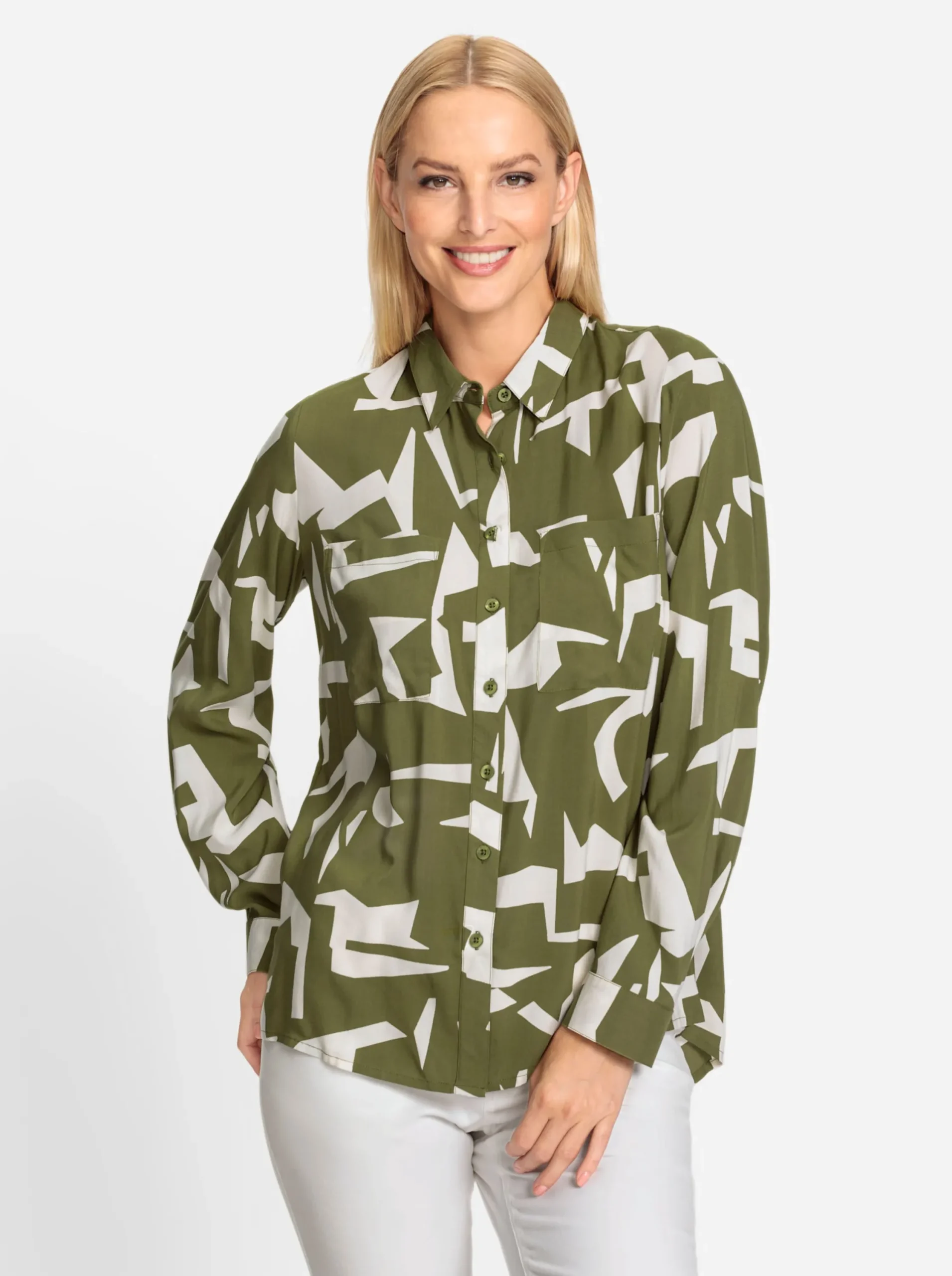 Blusen|heine Druckbluse oliv-champagner-gemustert