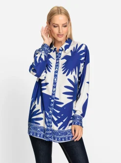 Blusen|heine Druckbluse royalblau-ecru-bedruckt