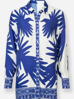 Blusen|heine Druckbluse royalblau-ecru-bedruckt