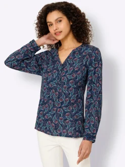 Blusen|heine Druckbluse dunkelblau-rosé-bedruckt