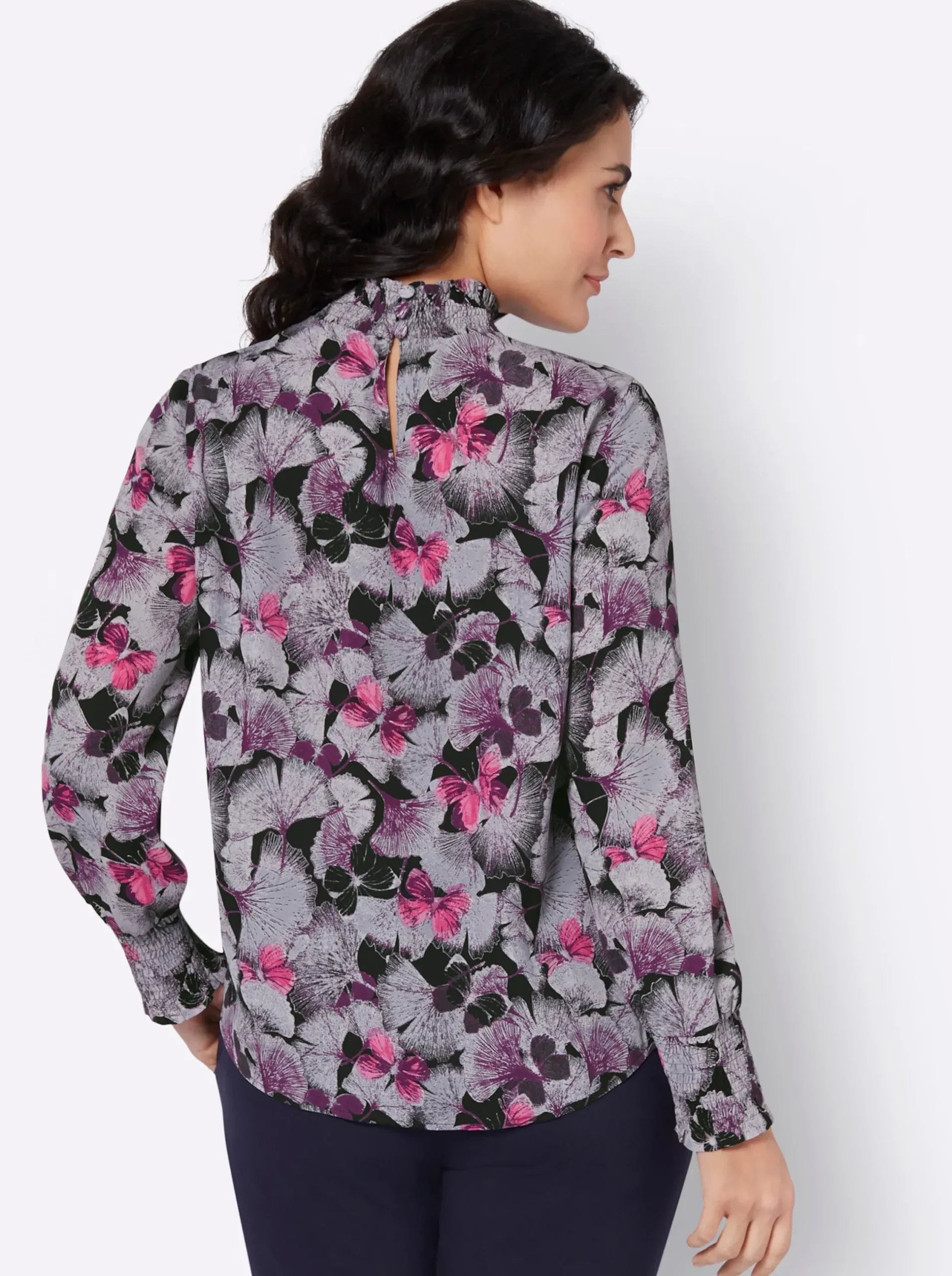 Blusen| Druckbluse schwarz-flieder-bedruckt