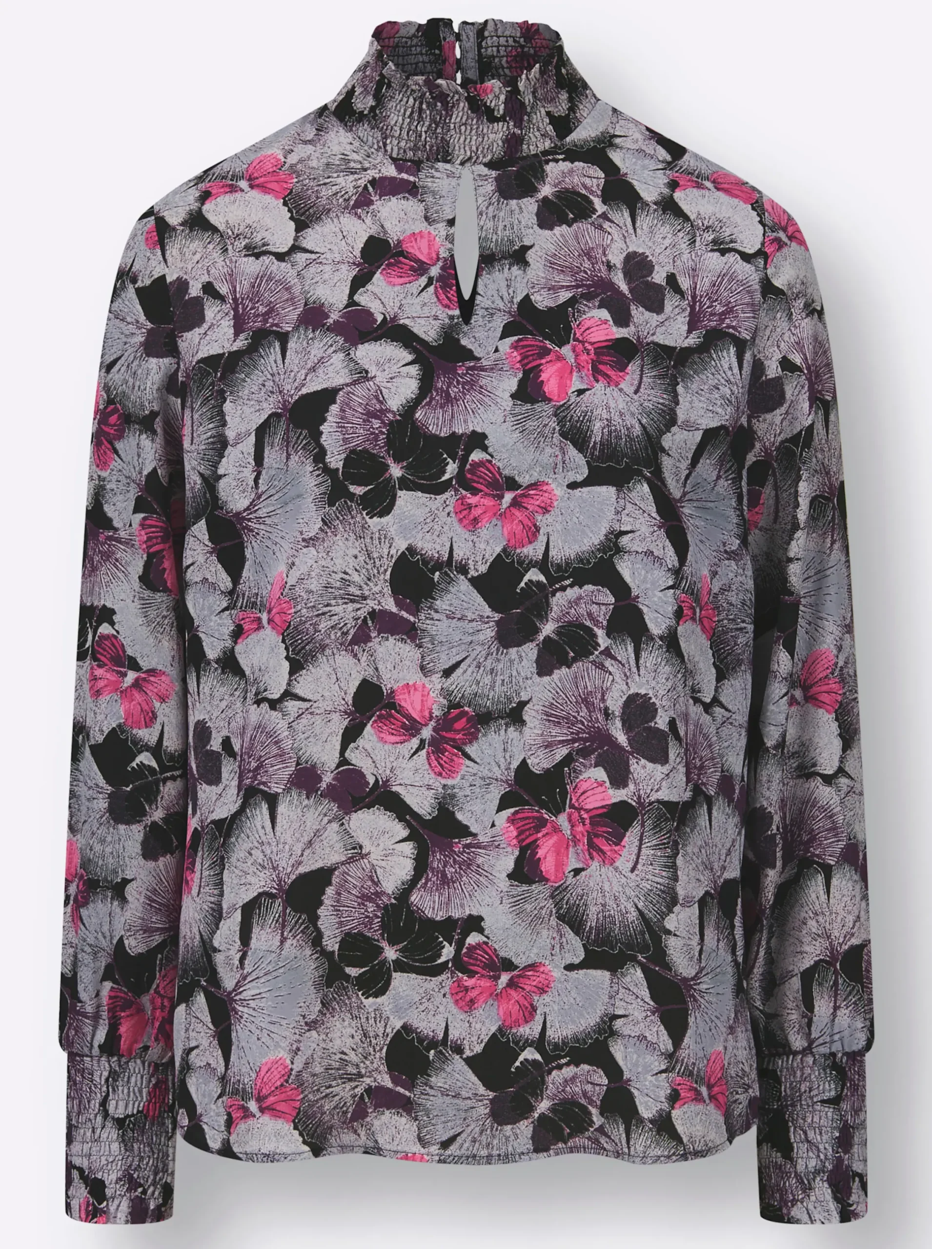 Blusen| Druckbluse schwarz-flieder-bedruckt