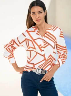 Blusen|heine Druckbluse weiß-orange-bedruckt