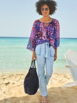 Blusen|heine Druckbluse royalblau-magenta-bedruckt