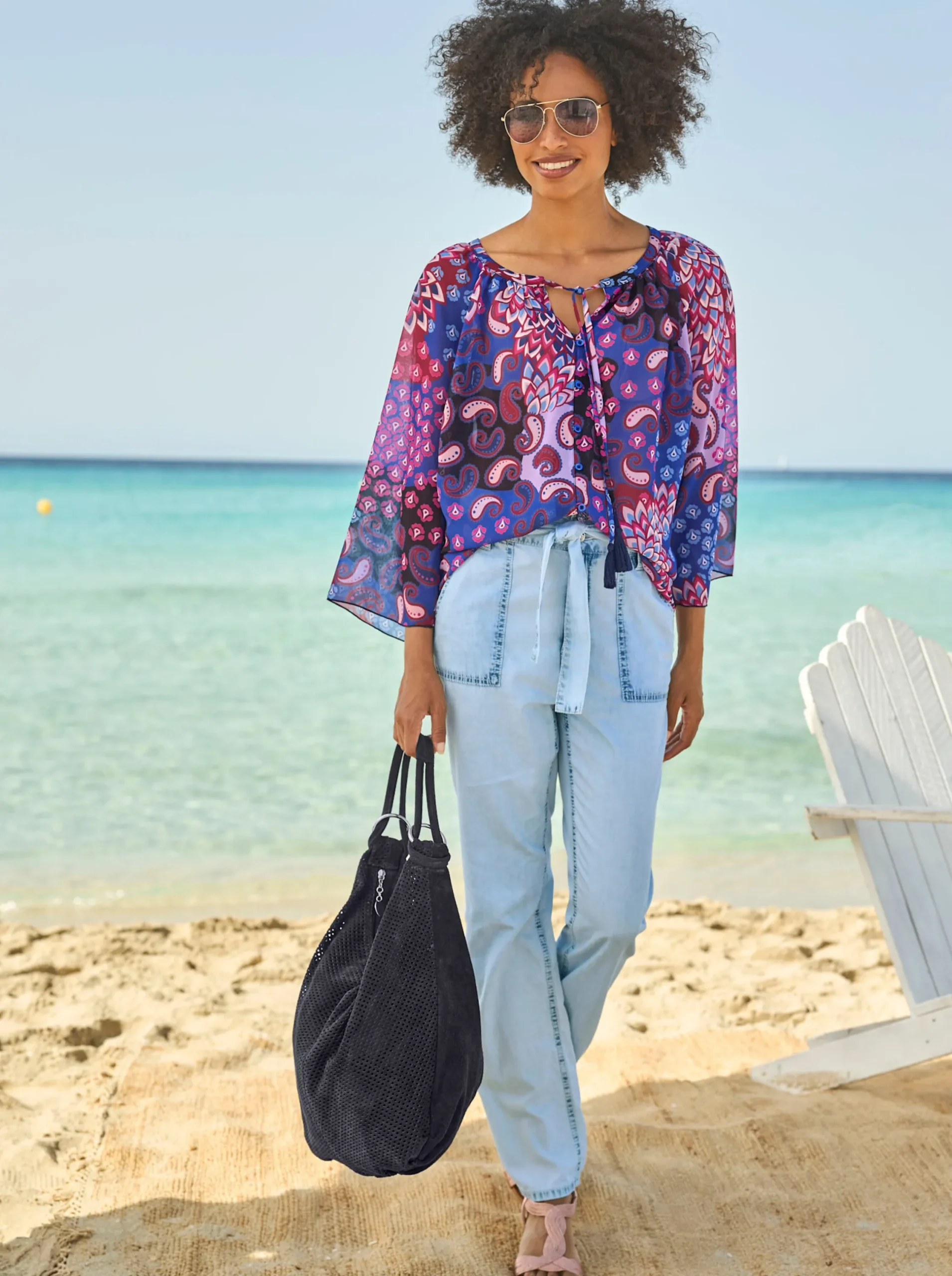 Blusen|heine Druckbluse royalblau-magenta-bedruckt