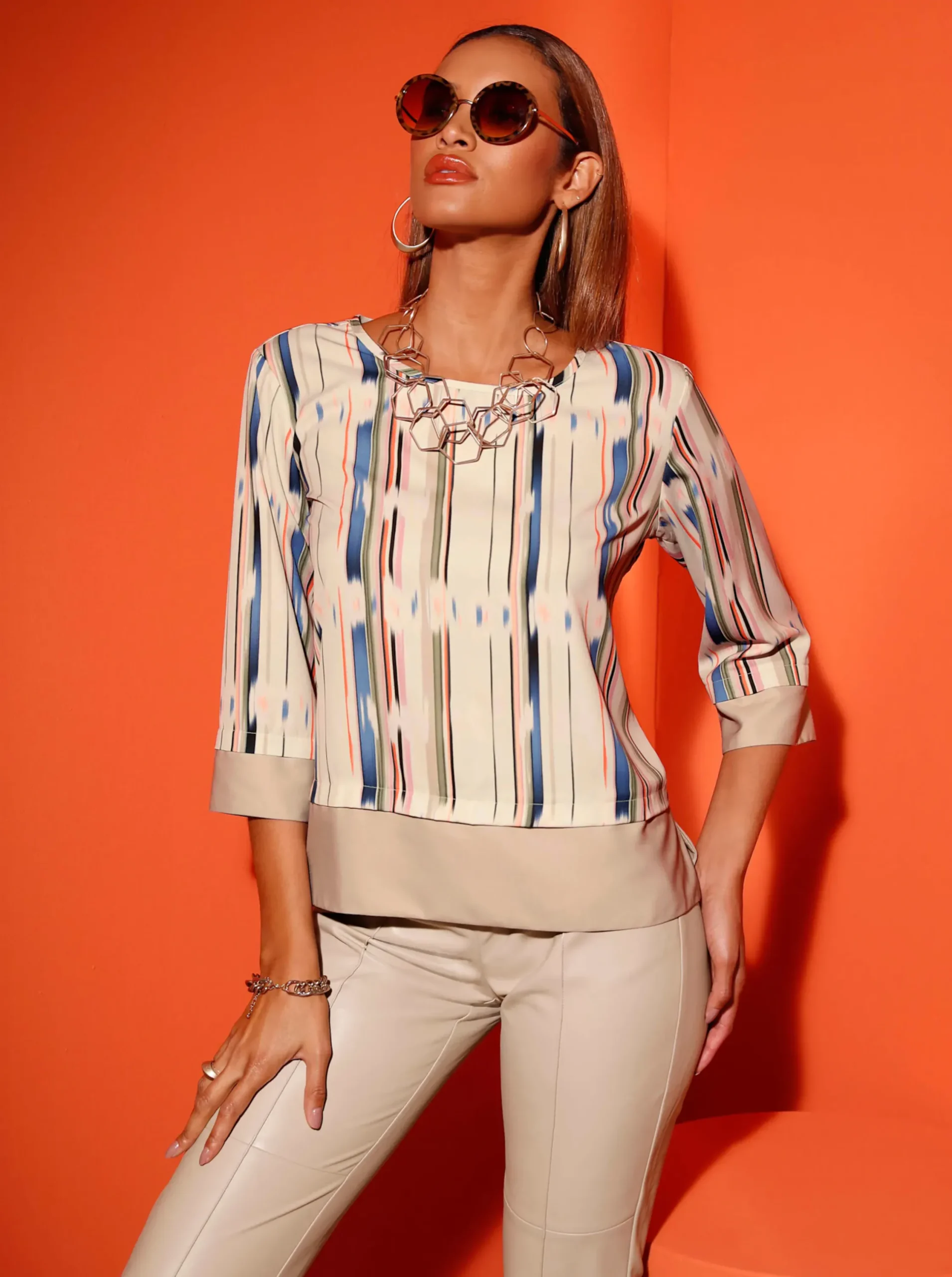 Blusen| Druckbluse beige-mandarine-bedruckt