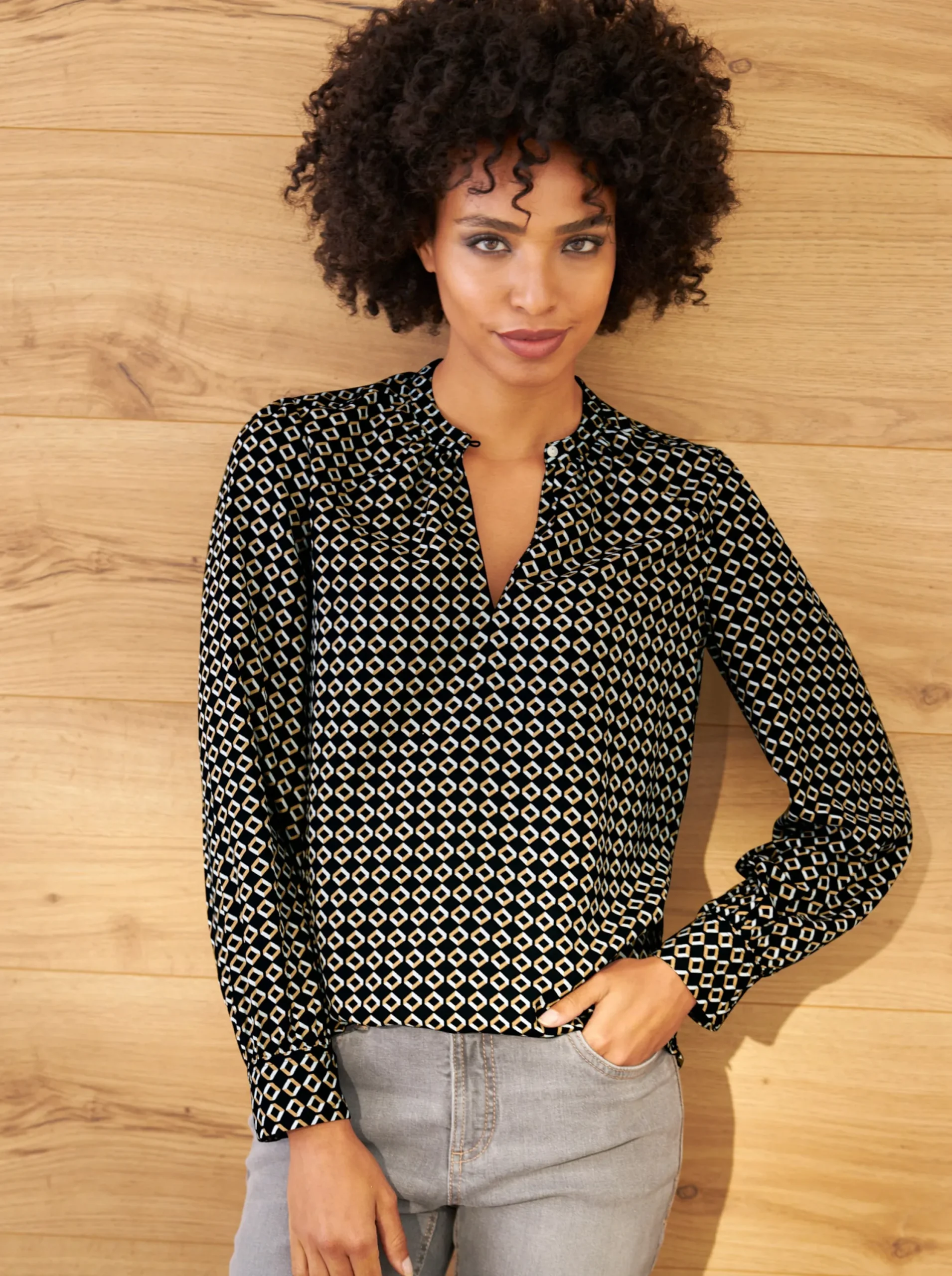 Blusen|heine Druckbluse schwarz-camel-bedruckt