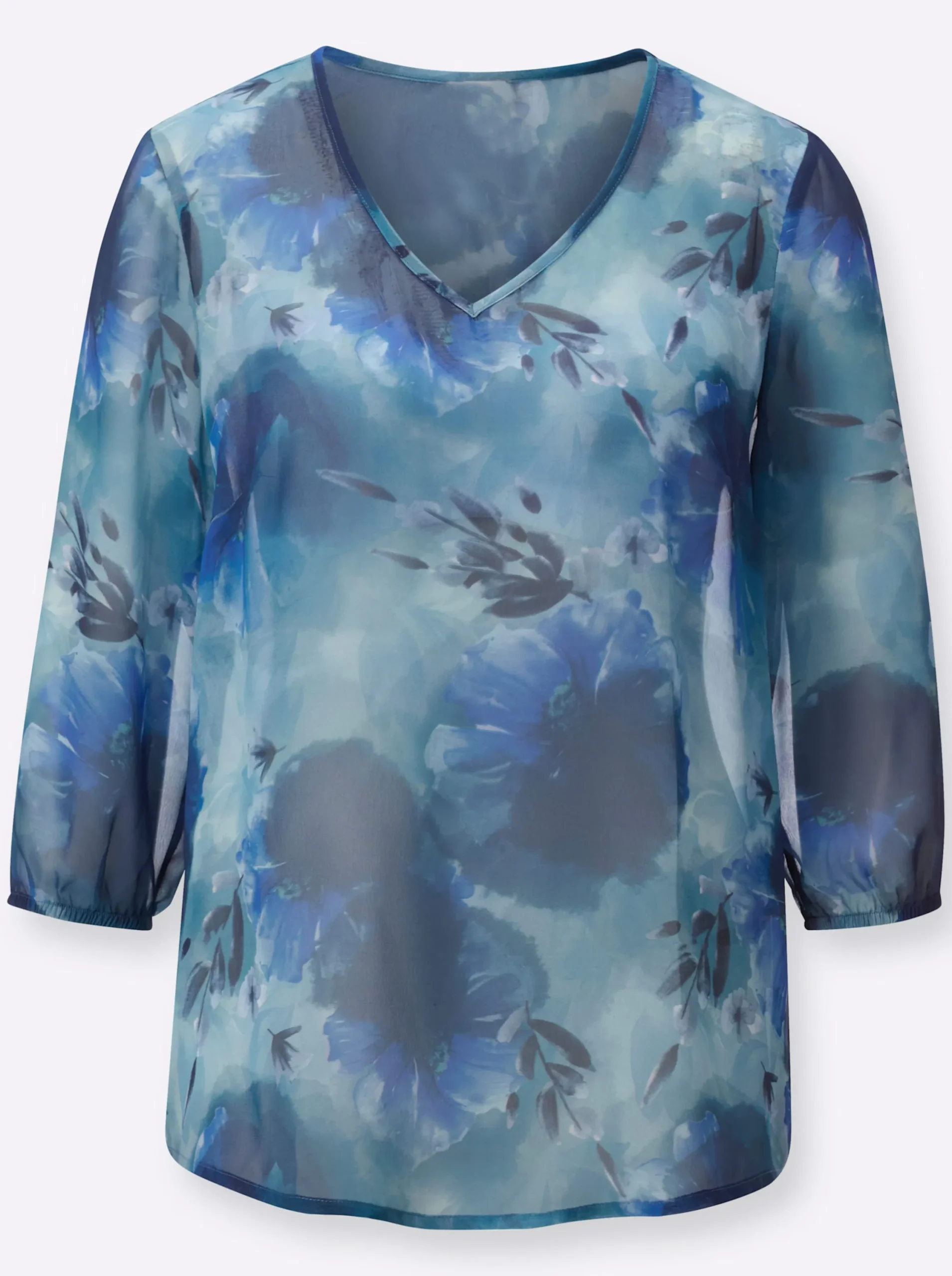 Blusen| Druckbluse in Aquarelltönen marine-kalkmint-bedruckt