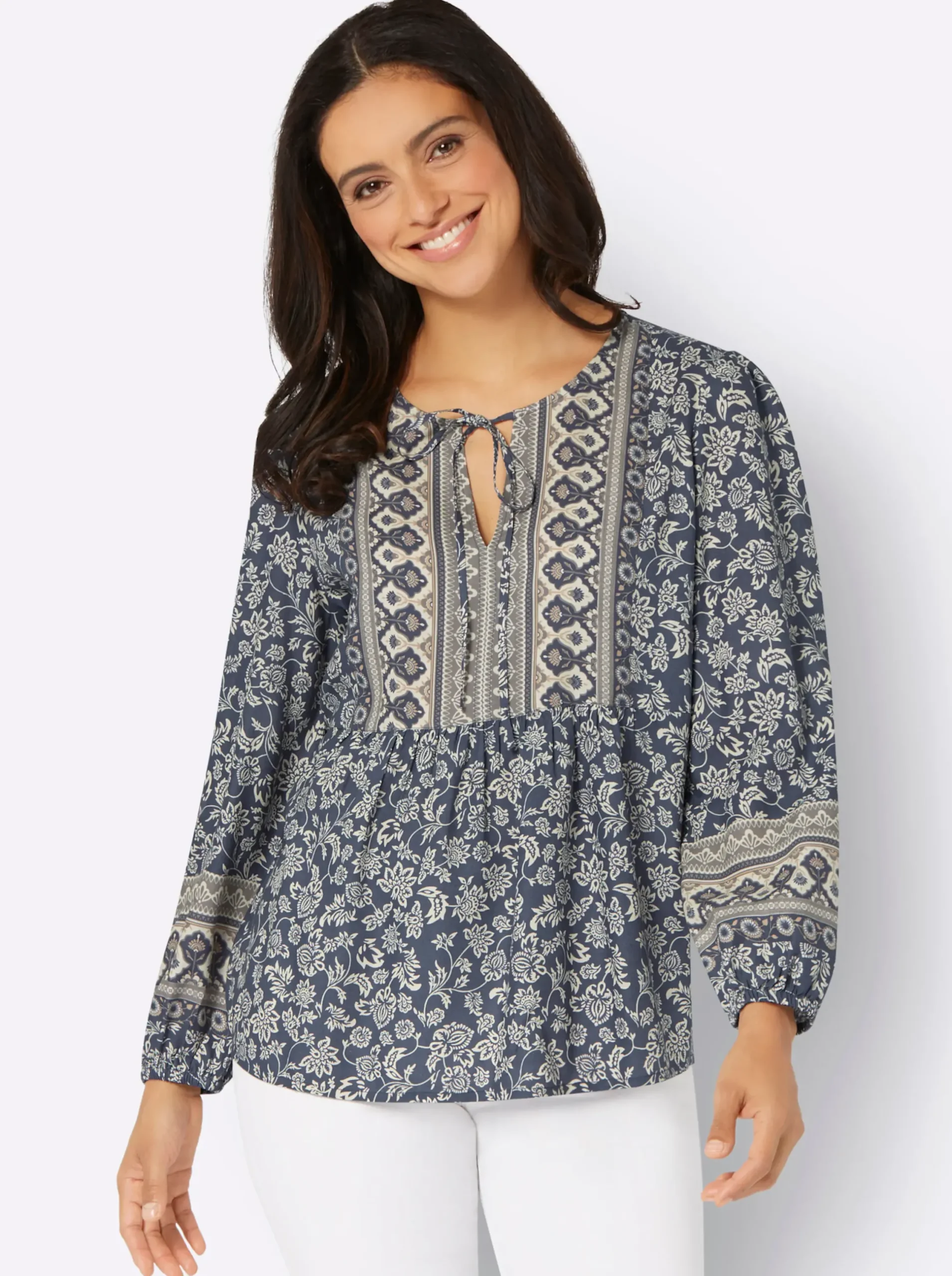 Blusen| Druckbluse in Tunikaform rauchblau-champagner-bedruckt