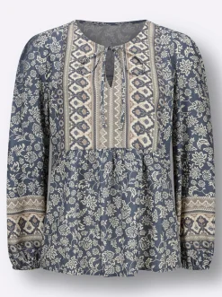Blusen| Druckbluse in Tunikaform rauchblau-champagner-bedruckt
