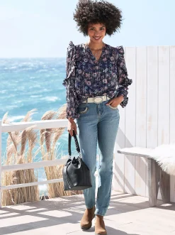 Blusen|heine Druckbluse mit blickdichtem Top marine-mittelblau-bedruckt