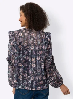 Blusen|heine Druckbluse mit blickdichtem Top marine-mittelblau-bedruckt