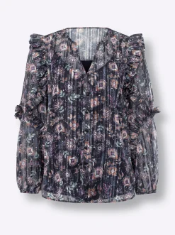 Blusen|heine Druckbluse mit blickdichtem Top marine-mittelblau-bedruckt