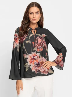 Blusen|heine Druckbluse mit Blüten-Dessin graphit-rotbraun-bedruckt