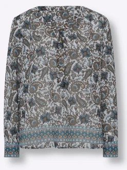 Blusen|heine Druckbluse mit Bordüren-Dessin khaki-aqua-bedruckt