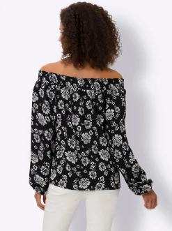 Blusen|heine Druckbluse mit Carmen-Ausschnitt schwarz-champagner-bedruckt
