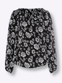 Blusen|heine Druckbluse mit Carmen-Ausschnitt schwarz-champagner-bedruckt