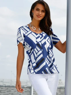 Blusen| Druckbluse mit Falten am Ausschnitt royalblau-ecru-bedruckt