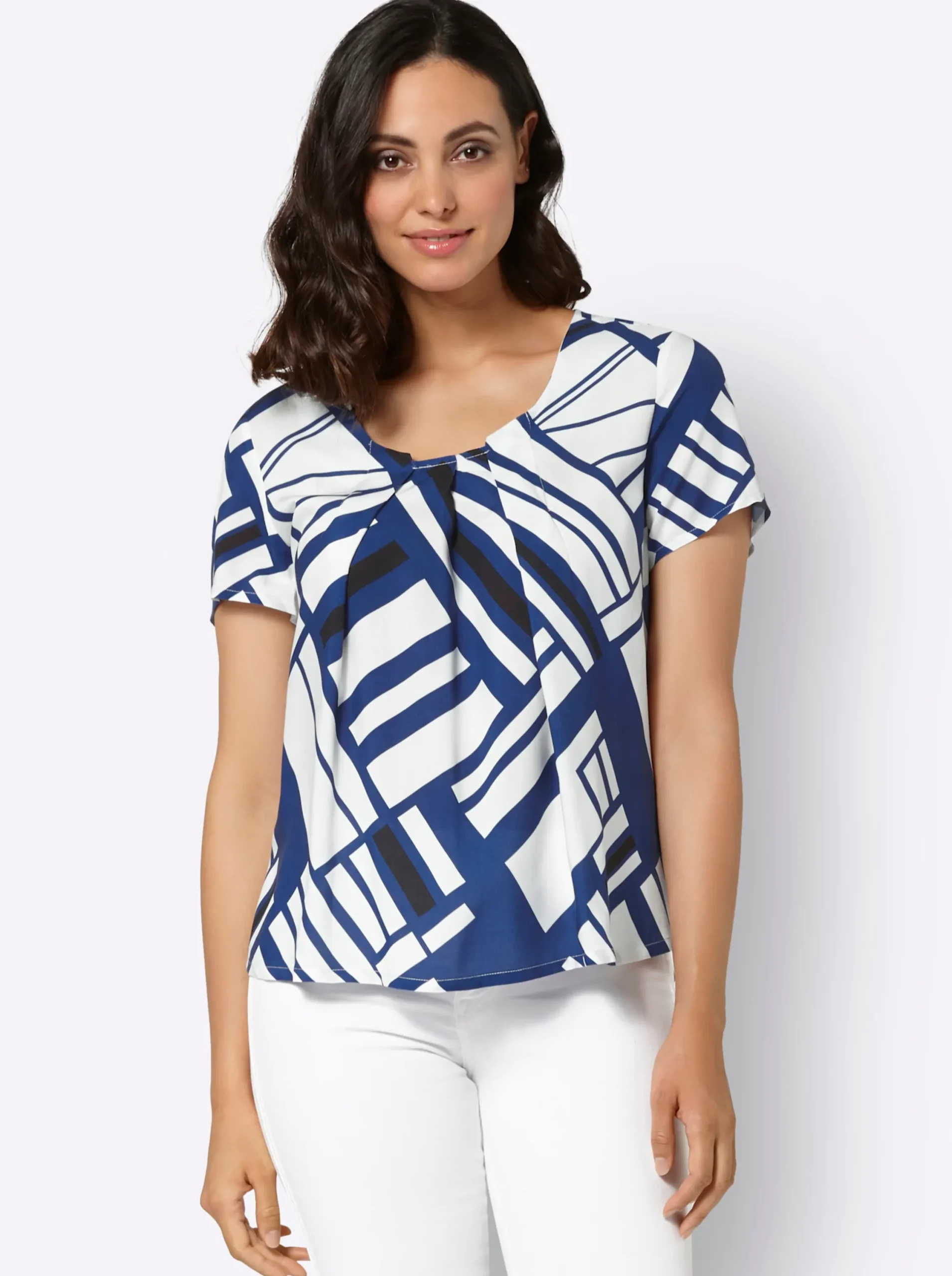 Blusen| Druckbluse mit Falten am Ausschnitt royalblau-ecru-bedruckt