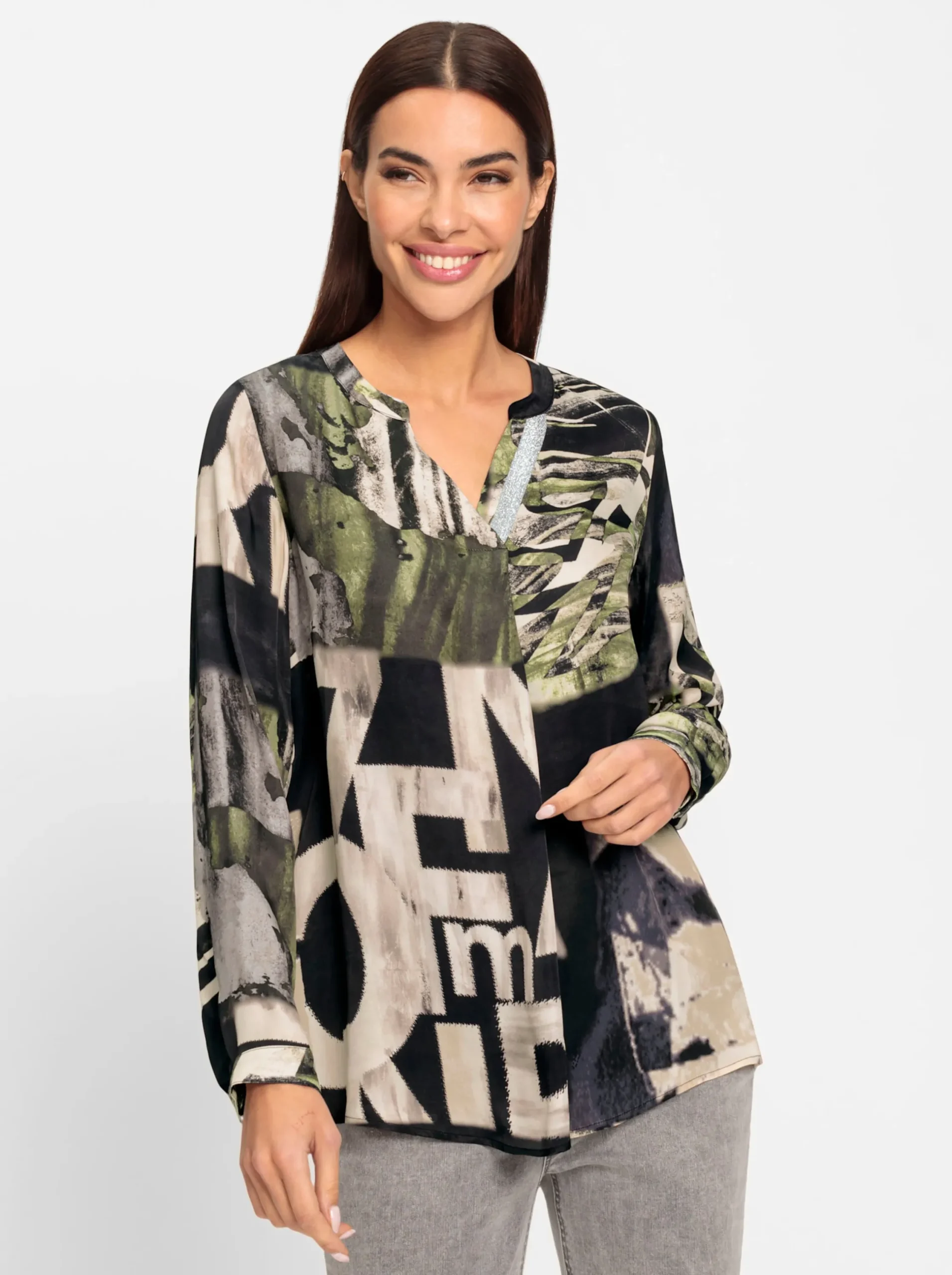 Blusen|heine Druckbluse mit Glitzer-Details sand-khaki-bedruckt