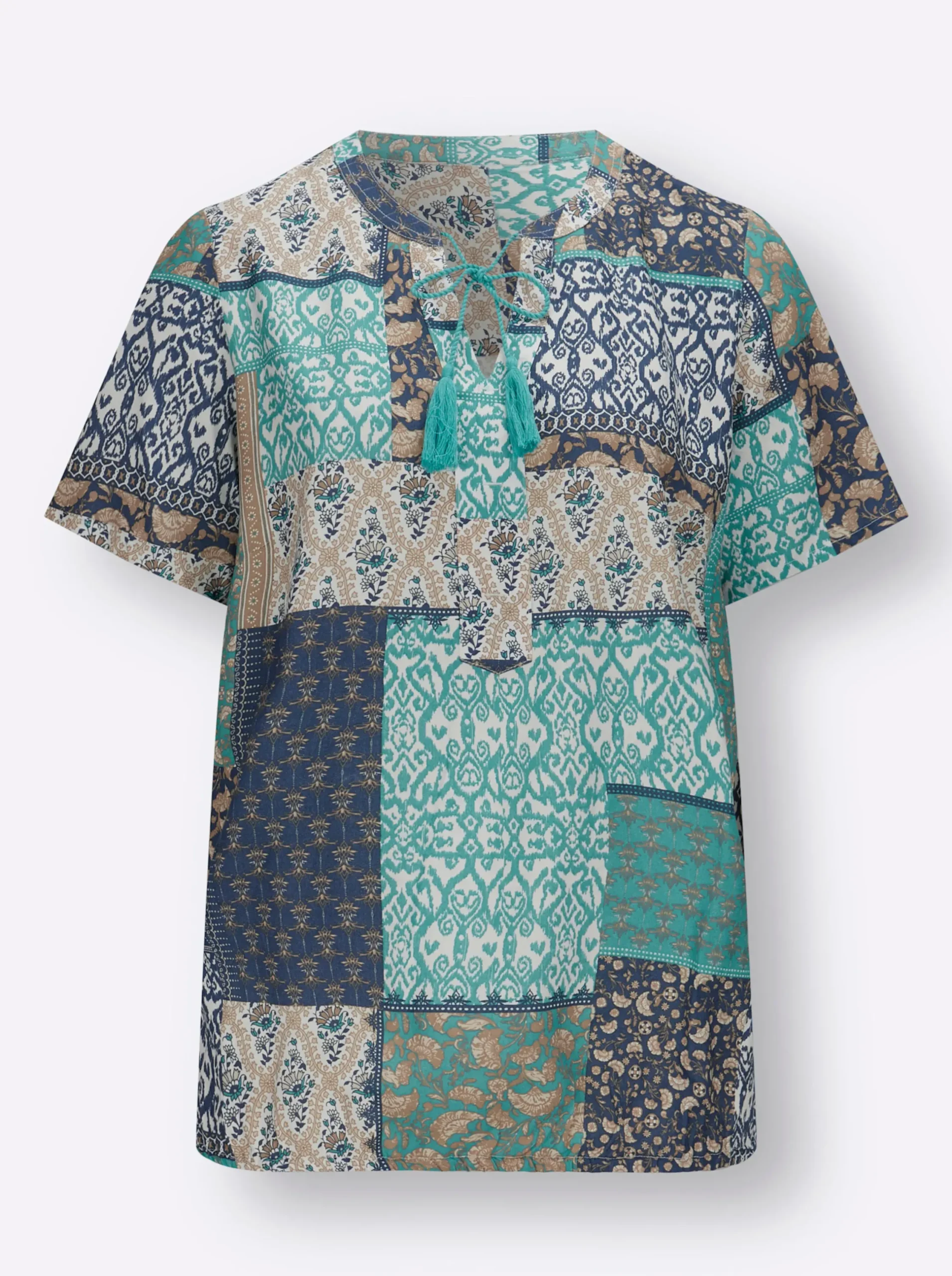 Blusen| Druckbluse mit Kordeln und Zierquasten ozean-rauchblau-bedruckt