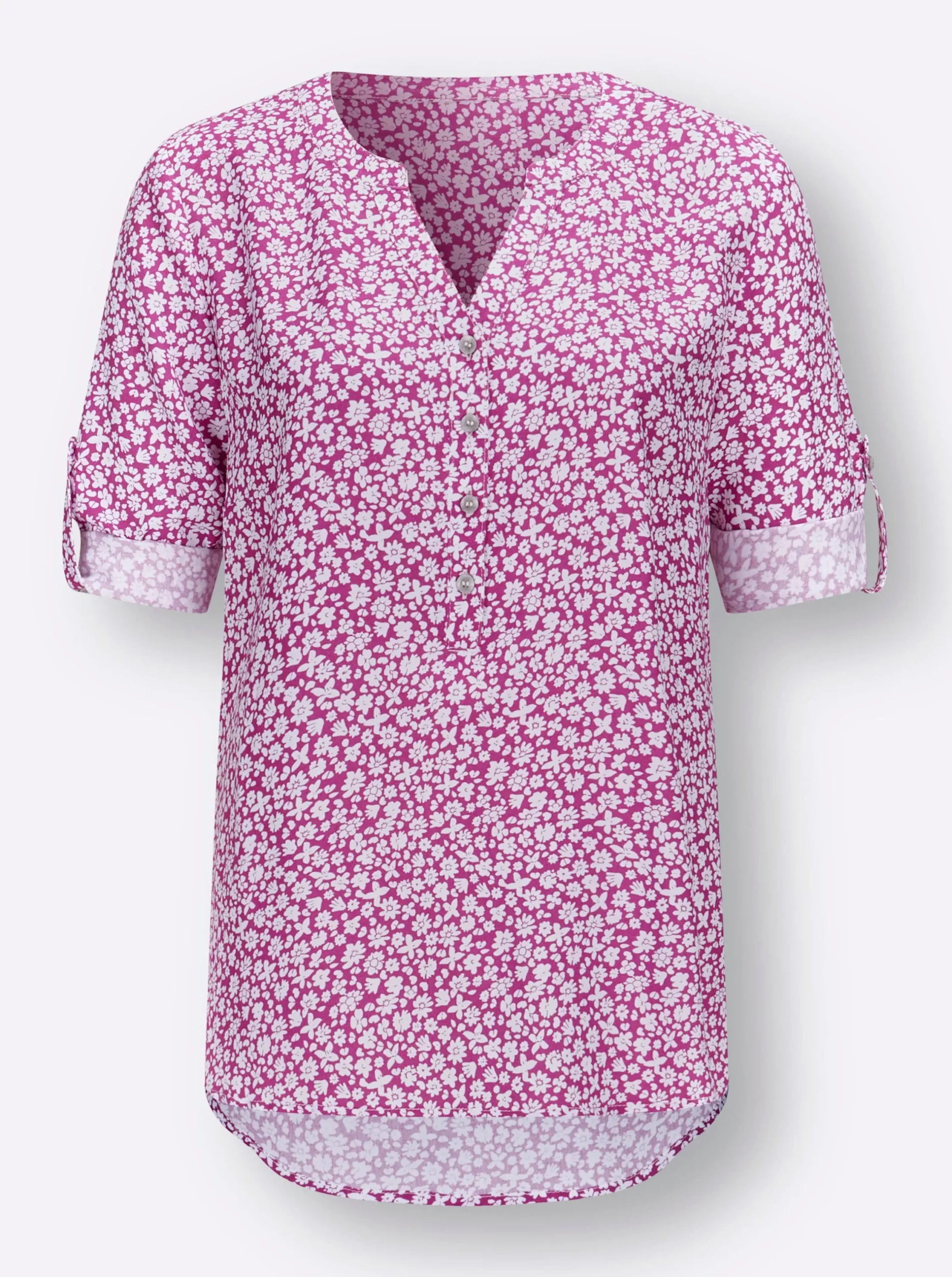 Blusen| Druckbluse mit krempelbaren Ärmeln magenta-ecru-bedruckt