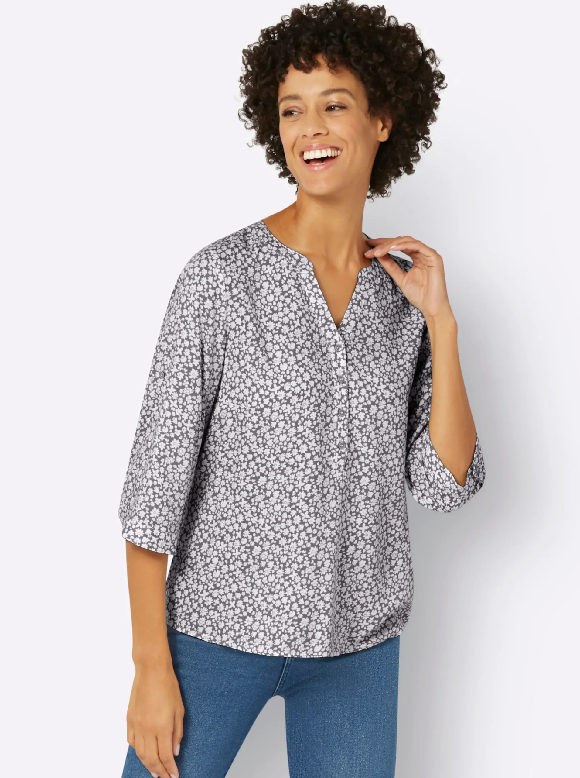 Blusen| Druckbluse mit krempelbaren Ärmeln ecru-grau-bedruckt