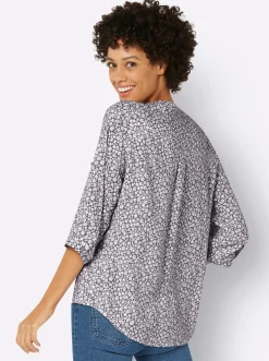 Blusen| Druckbluse mit krempelbaren Ärmeln ecru-grau-bedruckt