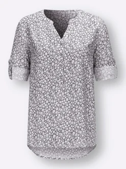Blusen| Druckbluse mit krempelbaren Ärmeln ecru-grau-bedruckt
