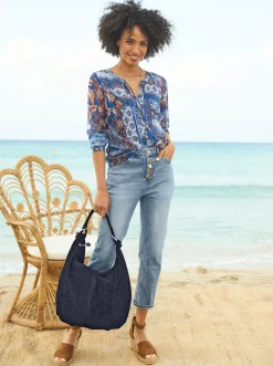 Blusen|heine Druckbluse mit Top marine-ocker-bedruckt