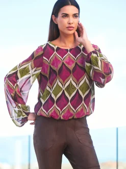 Blusen|heine Druckbluse mit Viskose-Jersey-Futter malve-schilf-bedruckt