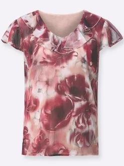 Blusen| Druckbluse mit Volant puder-dunkelrot-bedruckt